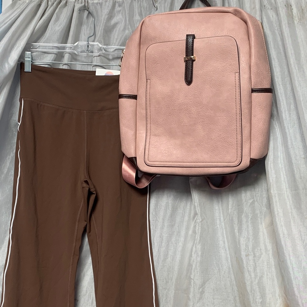 Soft Pink Faux Leather Backpack with Dark Trim
